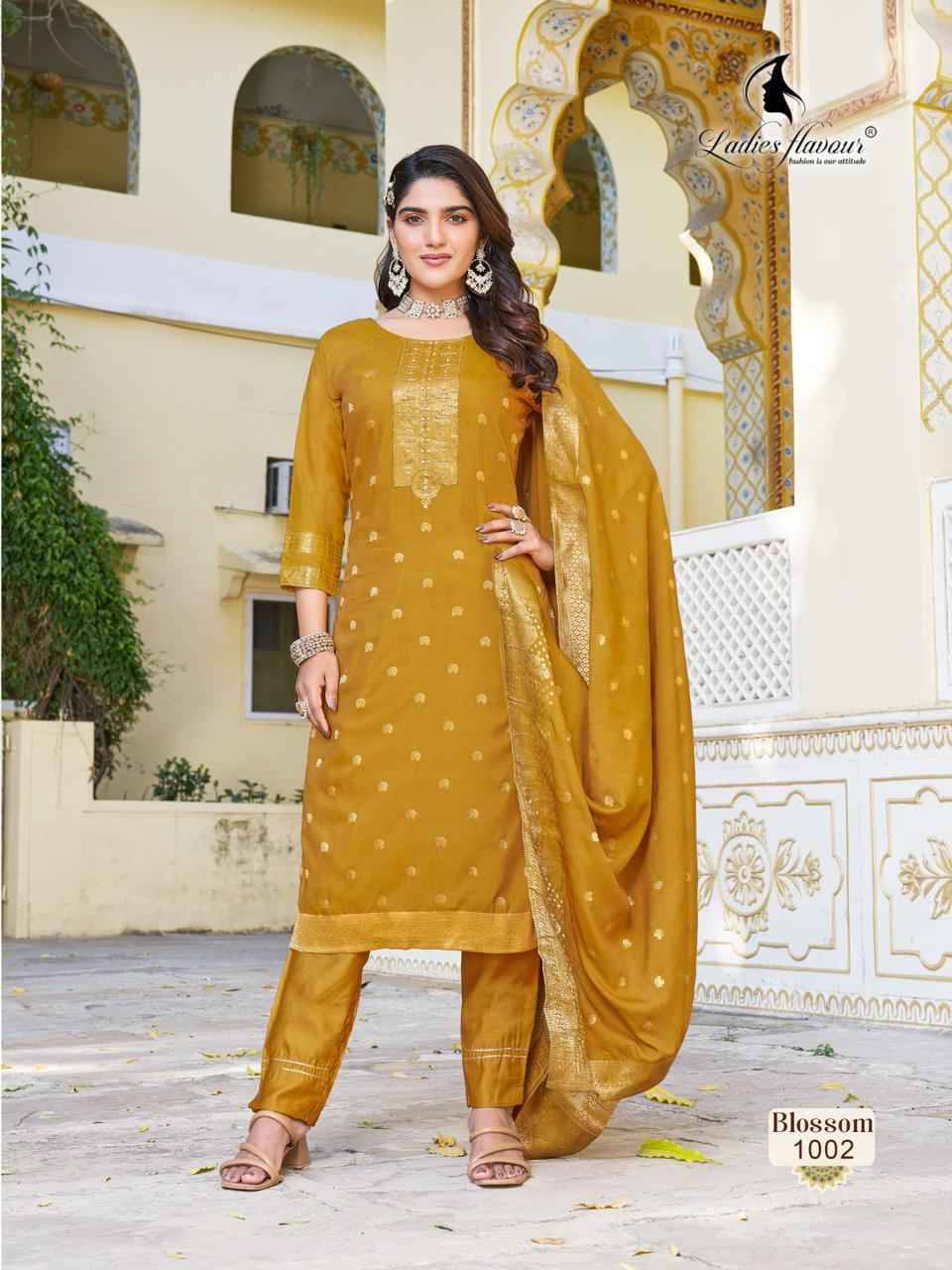Blossom By Ladies Flavour 1001 To 1004 Series Beautiful Festive Suits Colorful Stylish Fancy Casual Wear & Ethnic Wear Chanderi Dola Jacquard Dresses At Wholesale Price