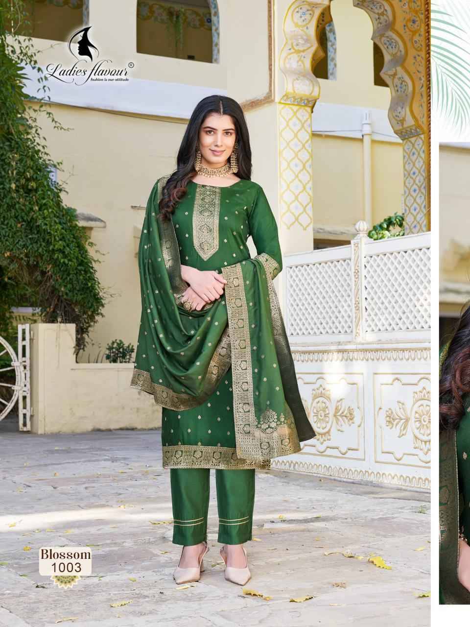Blossom By Ladies Flavour 1001 To 1004 Series Beautiful Festive Suits Colorful Stylish Fancy Casual Wear & Ethnic Wear Chanderi Dola Jacquard Dresses At Wholesale Price