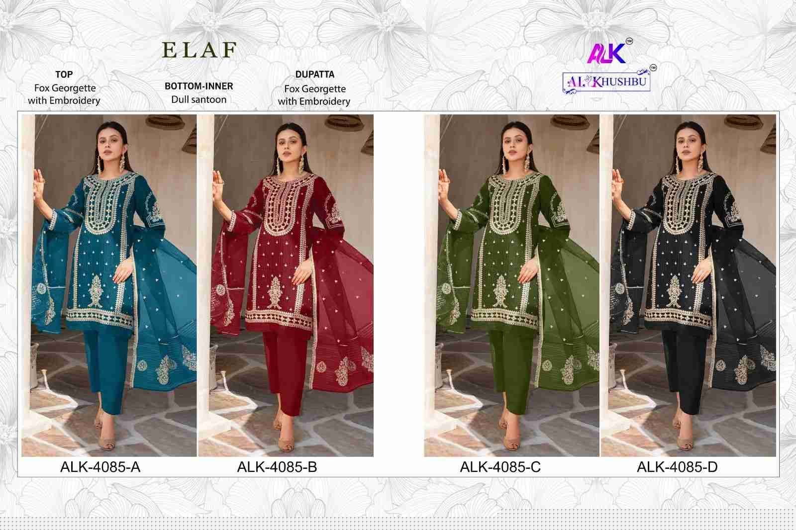 Elaf By Al Khushbu 4085-A To 4085-D Series Beautiful Pakistani Suits Stylish Fancy Colorful Party Wear & Occasional Wear Faux Georgette Embroidered Dresses At Wholesale Price