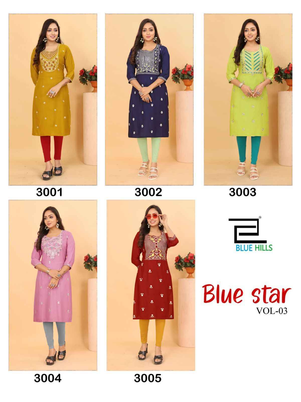 Blue Star Vol-3 By Blue Hills 3001 To 3005 Series Designer Stylish Fancy Colorful Beautiful Party Wear & Ethnic Wear Collection Heavy Rayon With Work Kurtis At Wholesale Price