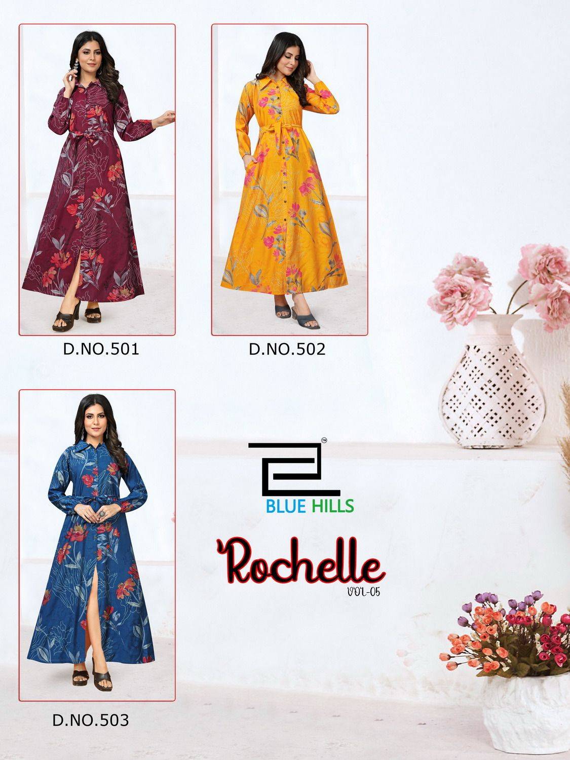Rochelle Vol-5 By Blue Hills 501 To 503 Series Beautiful Stylish Fancy Colorful Casual Wear & Ethnic Wear Modal Chanderi Print Gowns At Wholesale Price
