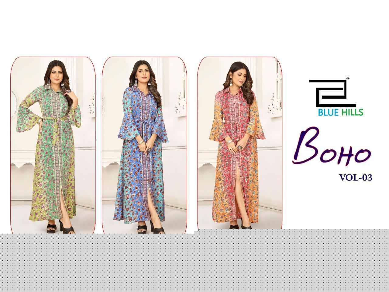 Boho Vol-3 By Blue Hills 100-A To 100-C Series Beautiful Stylish Fancy Colorful Casual Wear & Ethnic Wear French Crepe Print Gowns At Wholesale Price