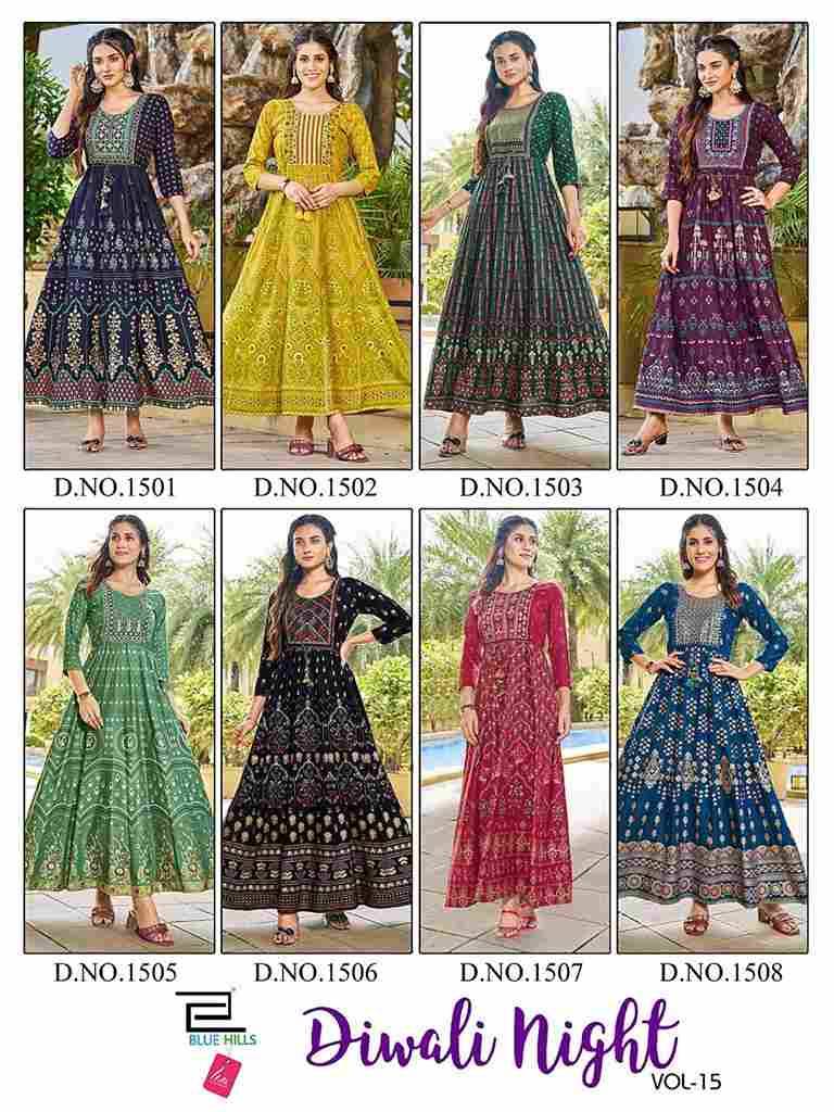Diwali Night Vol-15 By Blue Hills 1501 To 1508 Series Beautiful Stylish Fancy Colorful Casual Wear & Ethnic Wear Rayon Print Gowns At Wholesale Price