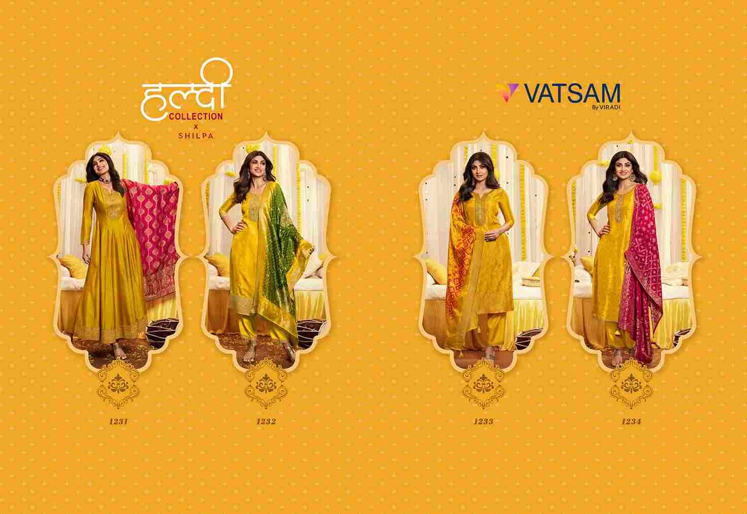 Haldi By Vatsam 1231 To 1234 Series Designer Suits Collection Beautiful Stylish Colorful Fancy Party Wear & Occasional Wear Georgette Silk/Jacquard Dresses At Wholesale Price