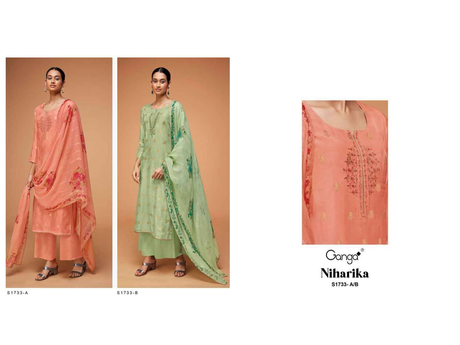 Niharika-1733 By Ganga Fashion 1733-A To 1733-B Series Beautiful Stylish Festive Suits Fancy Colorful Casual Wear & Ethnic Wear & Ready To Wear Premium Viscose Muslin Silk Dresses At Wholesale Price