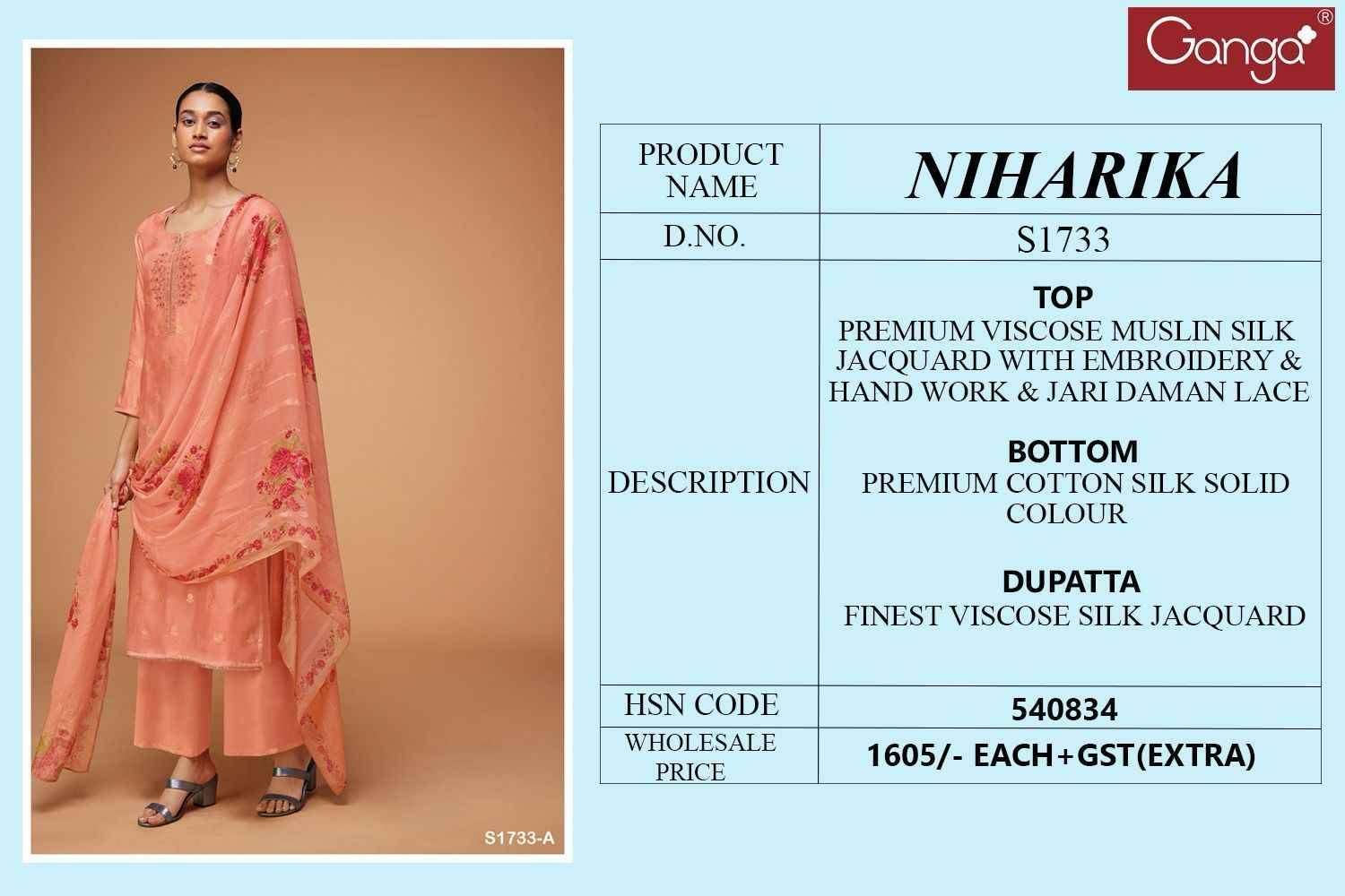 Niharika-1733 By Ganga Fashion 1733-A To 1733-B Series Beautiful Stylish Festive Suits Fancy Colorful Casual Wear & Ethnic Wear & Ready To Wear Premium Viscose Muslin Silk Dresses At Wholesale Price
