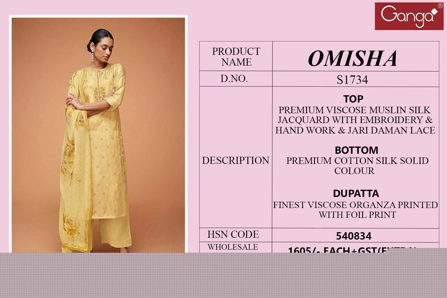Omisha-1734 By Ganga Fashion 1734-A To 1734-B Series Beautiful Stylish Festive Suits Fancy Colorful Casual Wear & Ethnic Wear & Ready To Wear Premium Viscose Muslin Silk Dresses At Wholesale Price