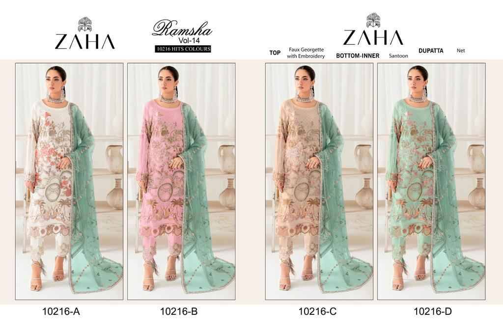 Ramsha Vol-14 By Zaha 10216-A To 10216-D Series Beautiful Stylish Pakistani Suits Fancy Colorful Casual Wear & Ethnic Wear & Ready To Wear Faux Georgette Dresses At Wholesale Price