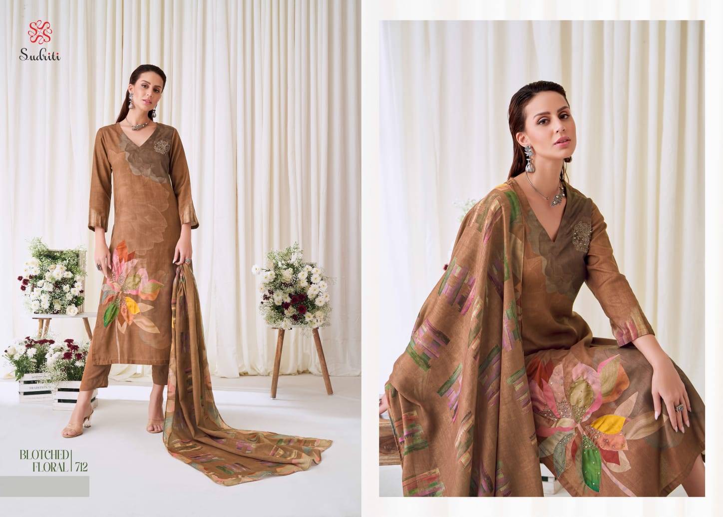 Blotched Floral By Sudriti Beautiful Stylish Festive Suits Fancy Colorful Casual Wear & Ethnic Wear & Ready To Wear Pashmia Twill Digital Print Dresses At Wholesale Price