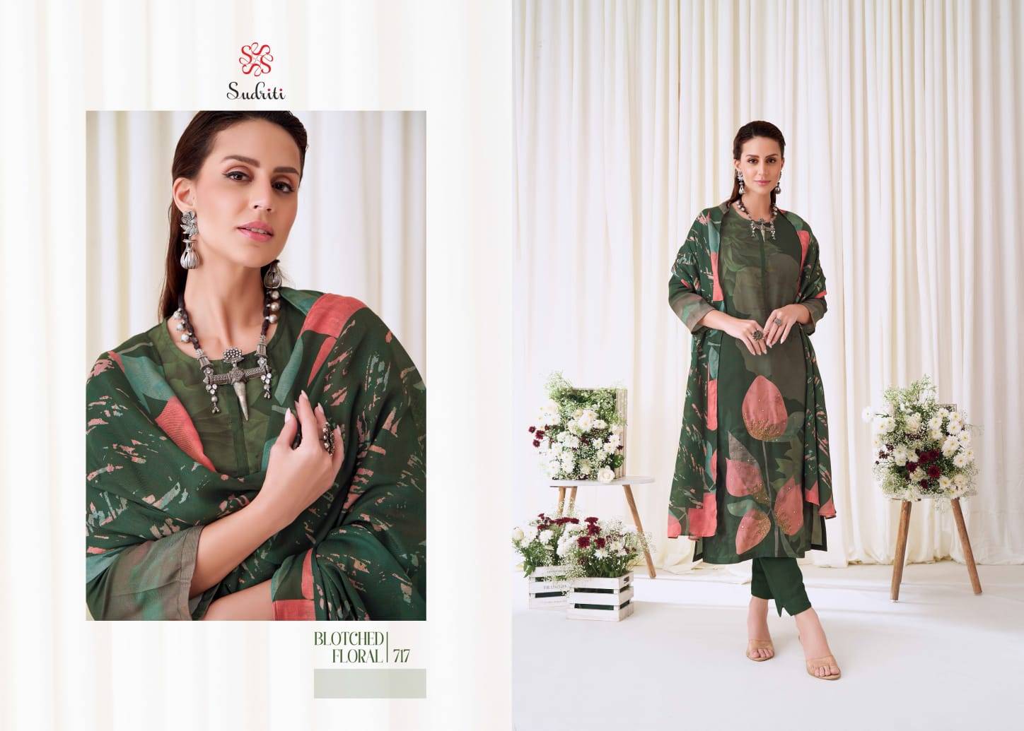 Blotched Floral By Sudriti Beautiful Stylish Festive Suits Fancy Colorful Casual Wear & Ethnic Wear & Ready To Wear Pashmia Twill Digital Print Dresses At Wholesale Price