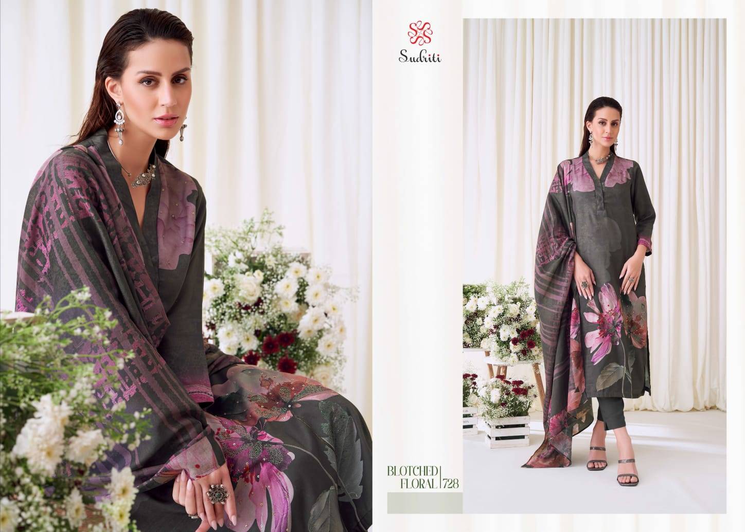 Blotched Floral By Sudriti Beautiful Stylish Festive Suits Fancy Colorful Casual Wear & Ethnic Wear & Ready To Wear Pashmia Twill Digital Print Dresses At Wholesale Price