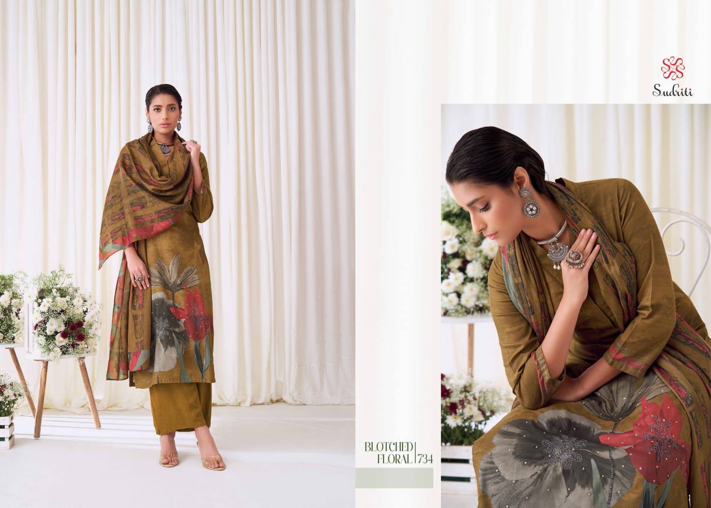 Blotched Floral By Sudriti Beautiful Stylish Festive Suits Fancy Colorful Casual Wear & Ethnic Wear & Ready To Wear Pashmia Twill Digital Print Dresses At Wholesale Price