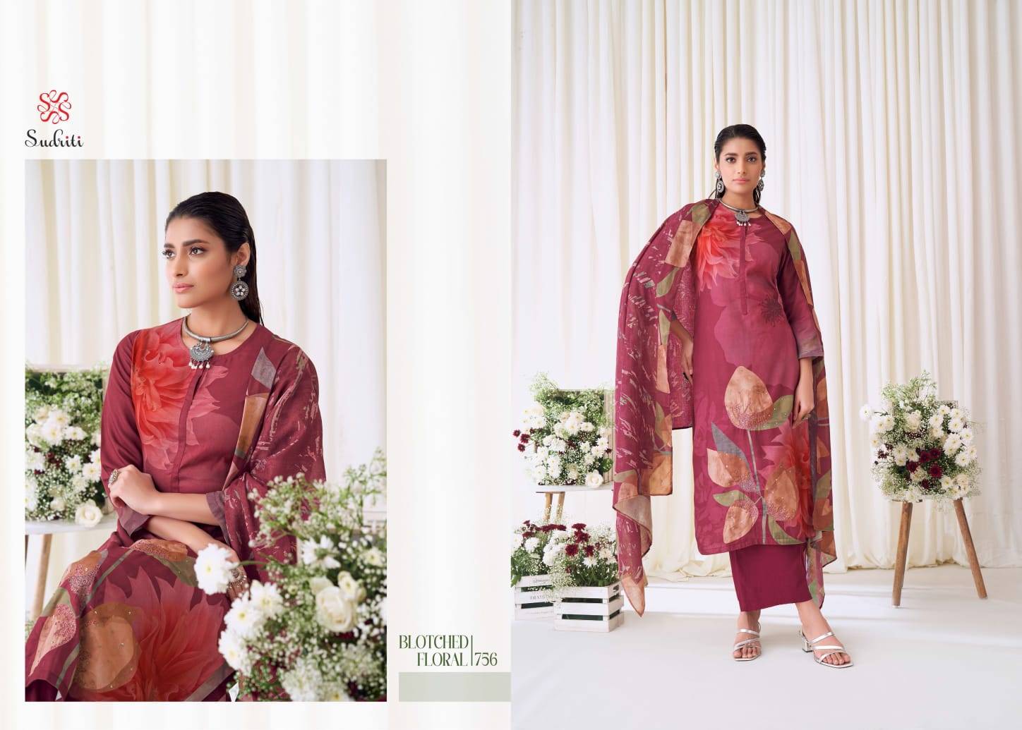 Blotched Floral By Sudriti Beautiful Stylish Festive Suits Fancy Colorful Casual Wear & Ethnic Wear & Ready To Wear Pashmia Twill Digital Print Dresses At Wholesale Price