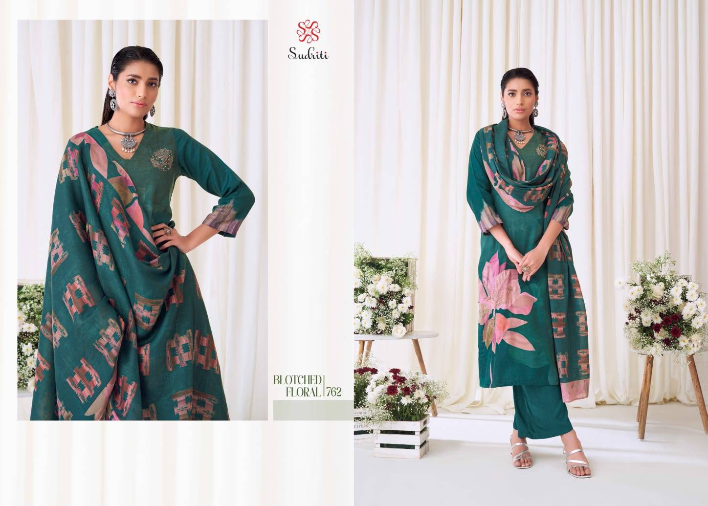 Blotched Floral By Sudriti Beautiful Stylish Festive Suits Fancy Colorful Casual Wear & Ethnic Wear & Ready To Wear Pashmia Twill Digital Print Dresses At Wholesale Price
