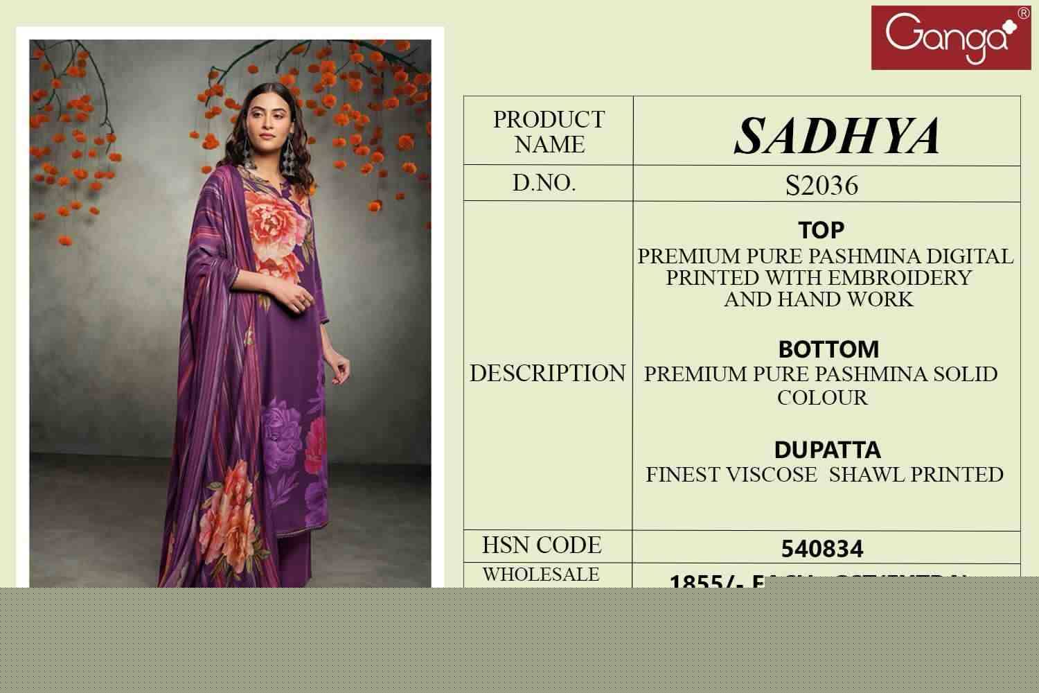 Sadhya-2036 By Ganga Fashion 2036-A To 2036-D Series Beautiful Festive Suits Stylish Fancy Colorful Party Wear & Occasional Wear Premium Pashmin Print With Embroidered Dresses At Wholesale Price