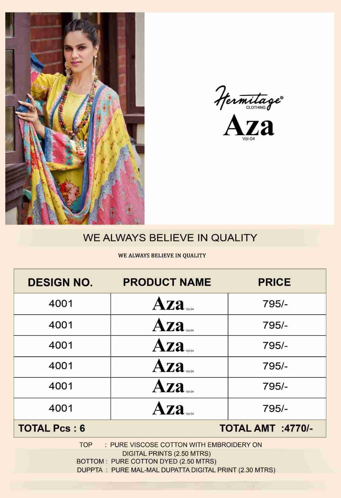 Aza Vol-4 By Hermitage 4001 To 4006 Series Beautiful Festival Suits Stylish Fancy Colorful Casual Wear & Ethnic Wear Pure Viscose Cotton Print Dresses At Wholesale Price
