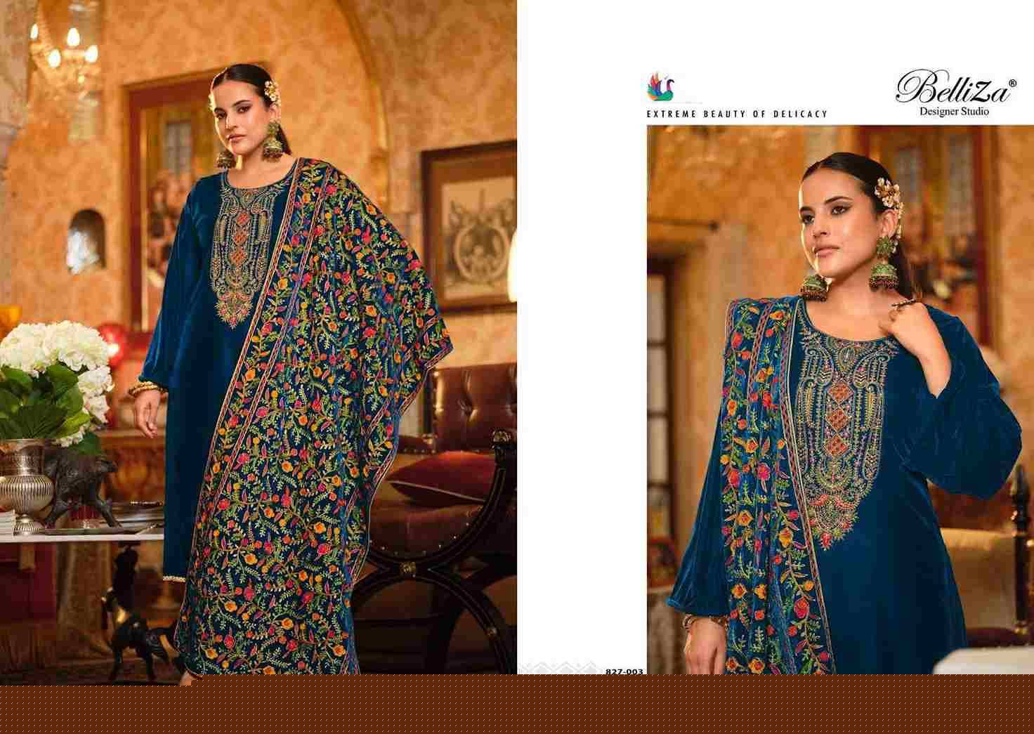 Rang Reza By Belliza 827-001 To 827-006 Series Beautiful Festive Suits Colorful Stylish Fancy Casual Wear & Ethnic Wear Pure Velvet Embroidered Dresses At Wholesale Price