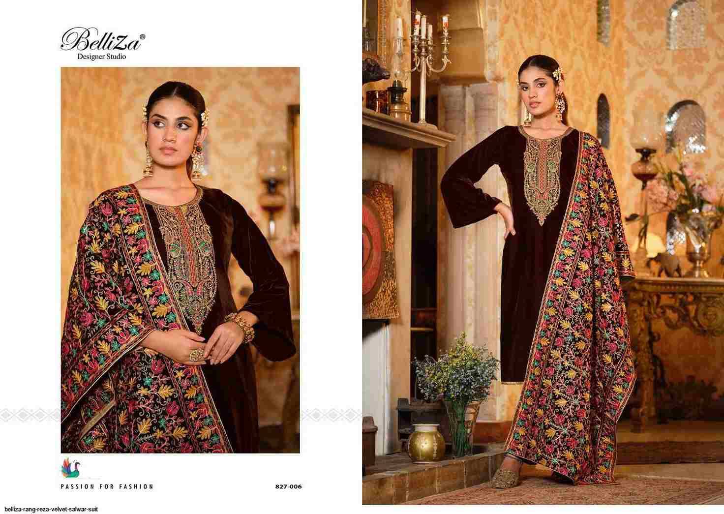Rang Reza By Belliza 827-001 To 827-006 Series Beautiful Festive Suits Colorful Stylish Fancy Casual Wear & Ethnic Wear Pure Velvet Embroidered Dresses At Wholesale Price