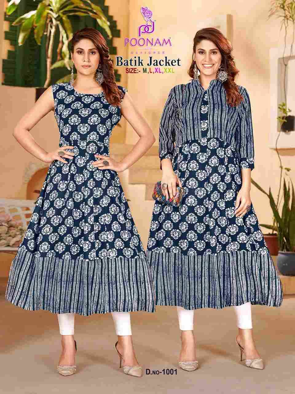 Batik Jacket By Poonam Designer 1001 To 1006 Series Designer Stylish Fancy Colorful Beautiful Party Wear & Ethnic Wear Collection Rayon Foil Kurtis With Jacket At Wholesale Price