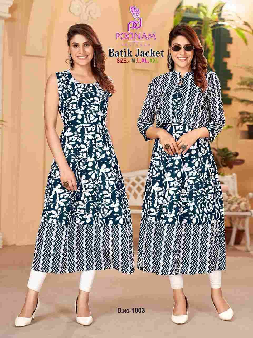Batik Jacket By Poonam Designer 1001 To 1006 Series Designer Stylish Fancy Colorful Beautiful Party Wear & Ethnic Wear Collection Rayon Foil Kurtis With Jacket At Wholesale Price