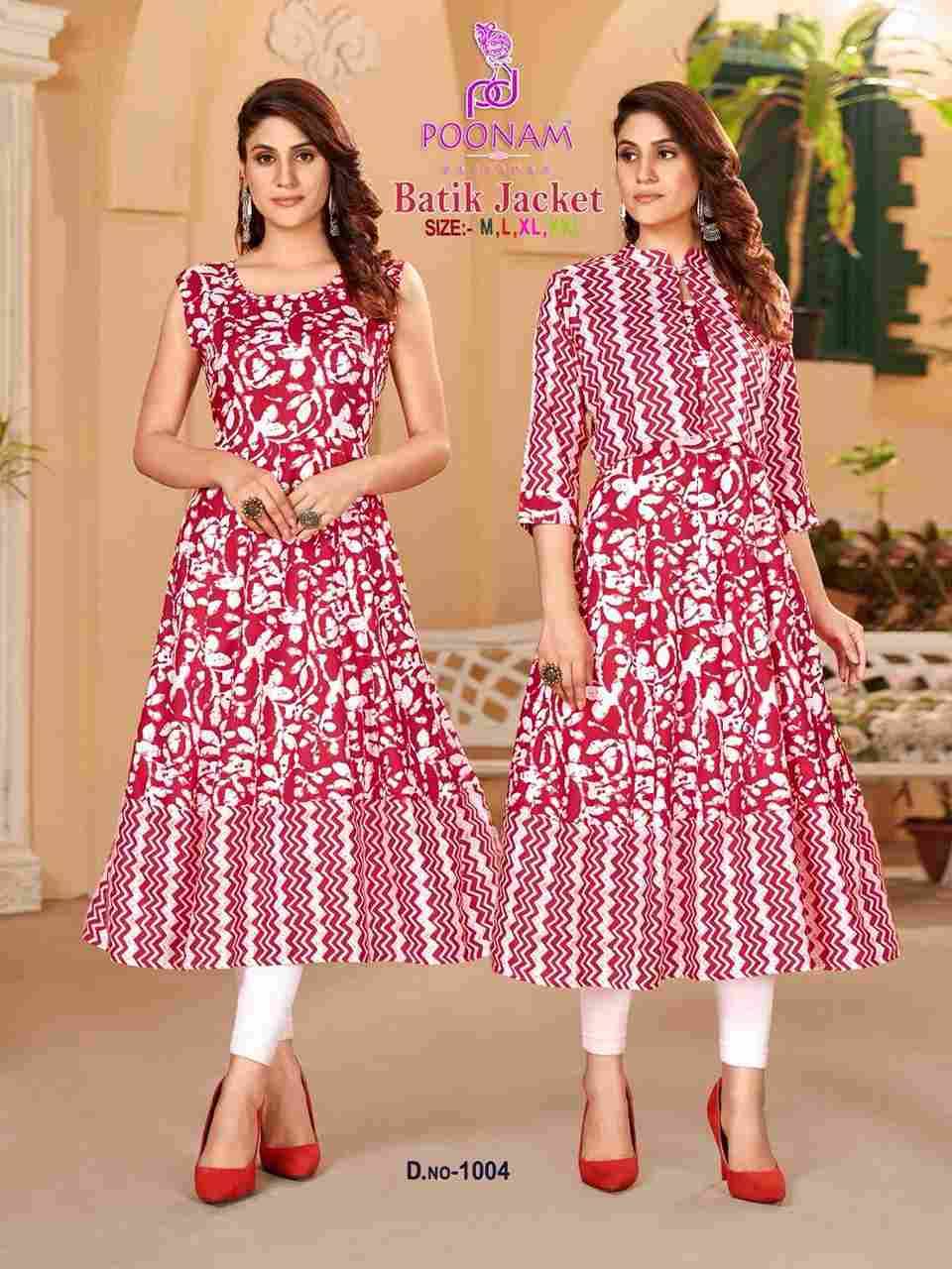Batik Jacket By Poonam Designer 1001 To 1006 Series Designer Stylish Fancy Colorful Beautiful Party Wear & Ethnic Wear Collection Rayon Foil Kurtis With Jacket At Wholesale Price