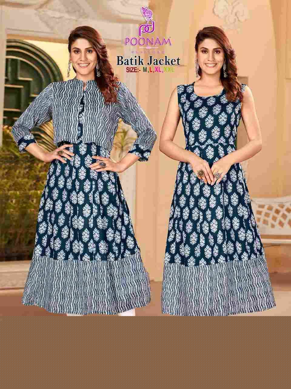 Batik Jacket By Poonam Designer 1001 To 1006 Series Designer Stylish Fancy Colorful Beautiful Party Wear & Ethnic Wear Collection Rayon Foil Kurtis With Jacket At Wholesale Price