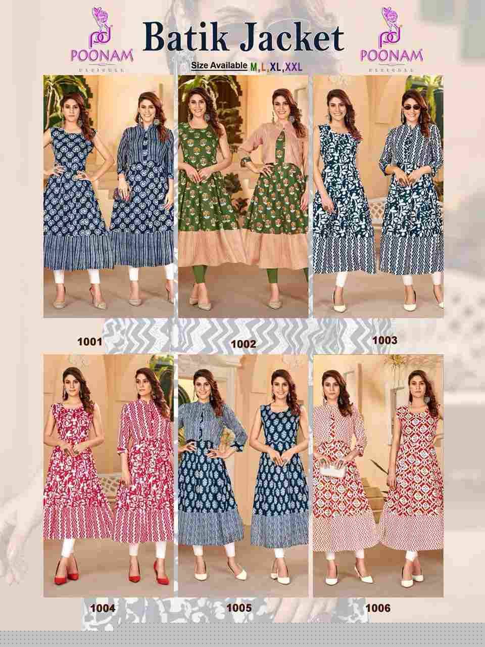 Batik Jacket By Poonam Designer 1001 To 1006 Series Designer Stylish Fancy Colorful Beautiful Party Wear & Ethnic Wear Collection Rayon Foil Kurtis With Jacket At Wholesale Price