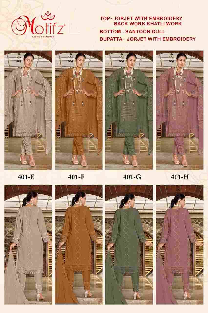 Motifz Hit Design 401 Colours Vol-2 By Motifz 401-E To 401-H Series Designer Pakistani Suits Collection Beautiful Stylish Fancy Colorful Party Wear & Occasional Wear Georgette Embroidered Dresses At Wholesale Price