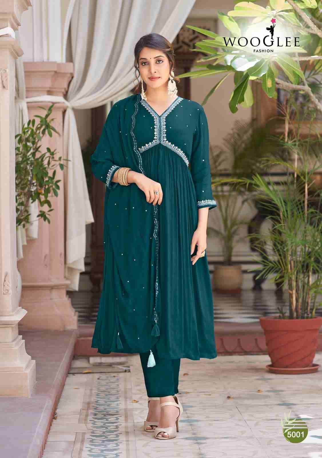 Reeva By Wooglee 5001 To 5004 Series Beautiful Stylish Festive Suits Fancy Colorful Casual Wear & Ethnic Wear & Ready To Wear Chinnon Dresses At Wholesale Price
