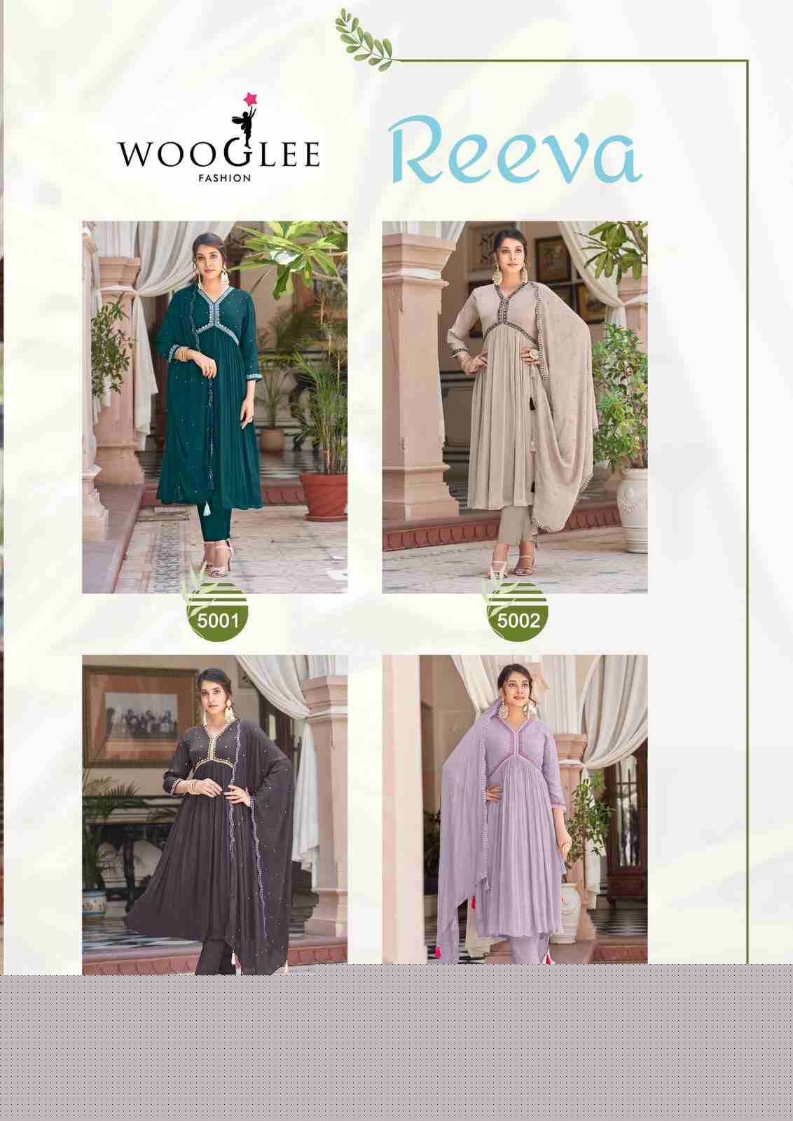 Reeva By Wooglee 5001 To 5004 Series Beautiful Stylish Festive Suits Fancy Colorful Casual Wear & Ethnic Wear & Ready To Wear Chinnon Dresses At Wholesale Price