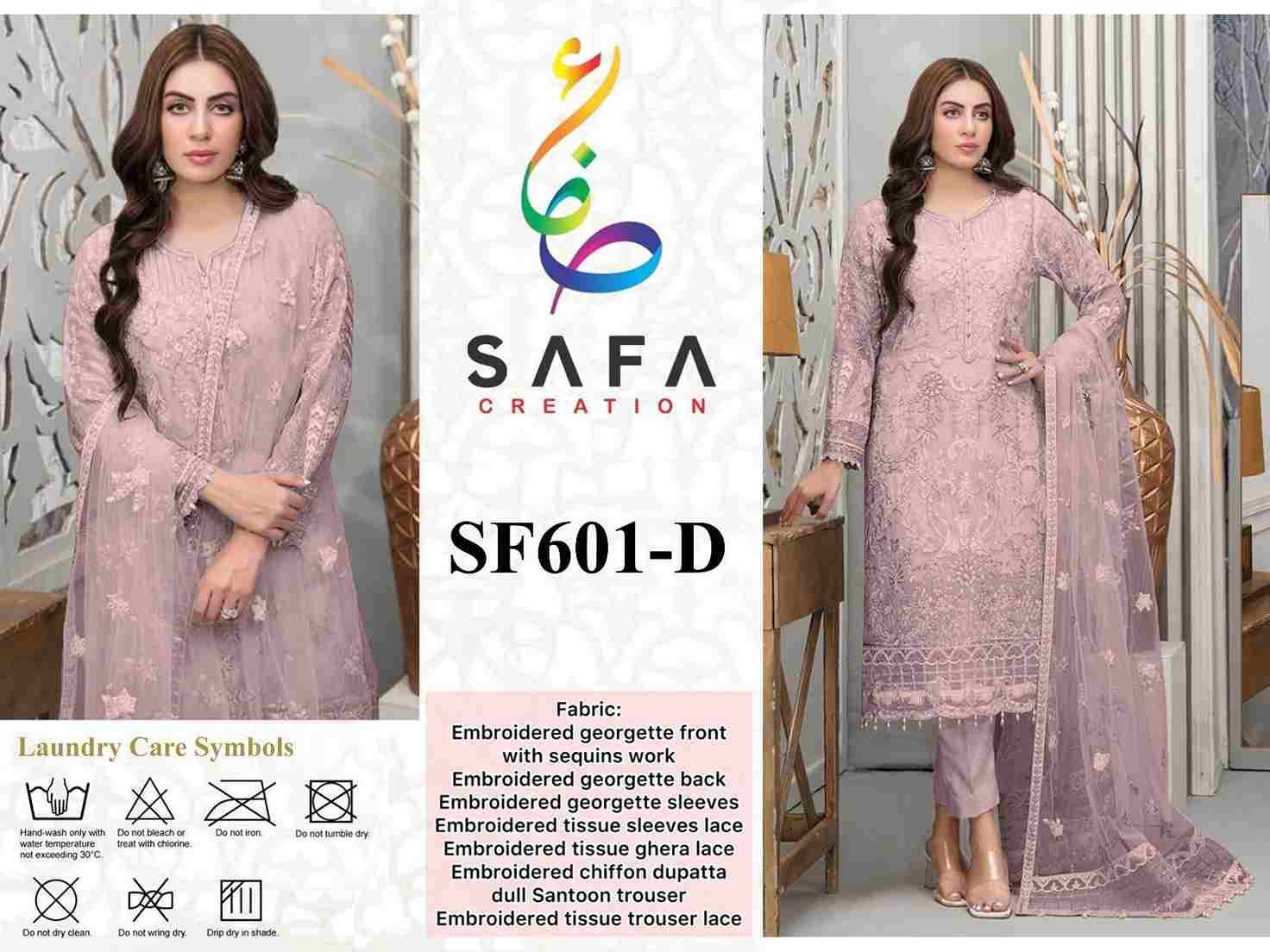 SF-601 Colours By Safa Creation 601-A To 601-D Series Beautiful Pakistani Suits Colorful Stylish Fancy Casual Wear & Ethnic Wear Faux Georgette Embroidered Dresses At Wholesale Price