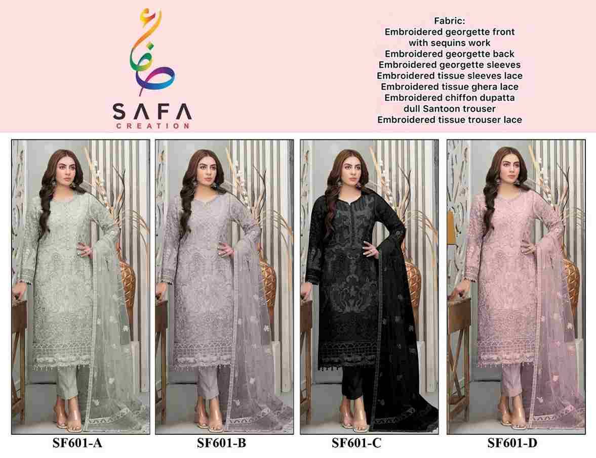 SF-601 Colours By Safa Creation 601-A To 601-D Series Beautiful Pakistani Suits Colorful Stylish Fancy Casual Wear & Ethnic Wear Faux Georgette Embroidered Dresses At Wholesale Price