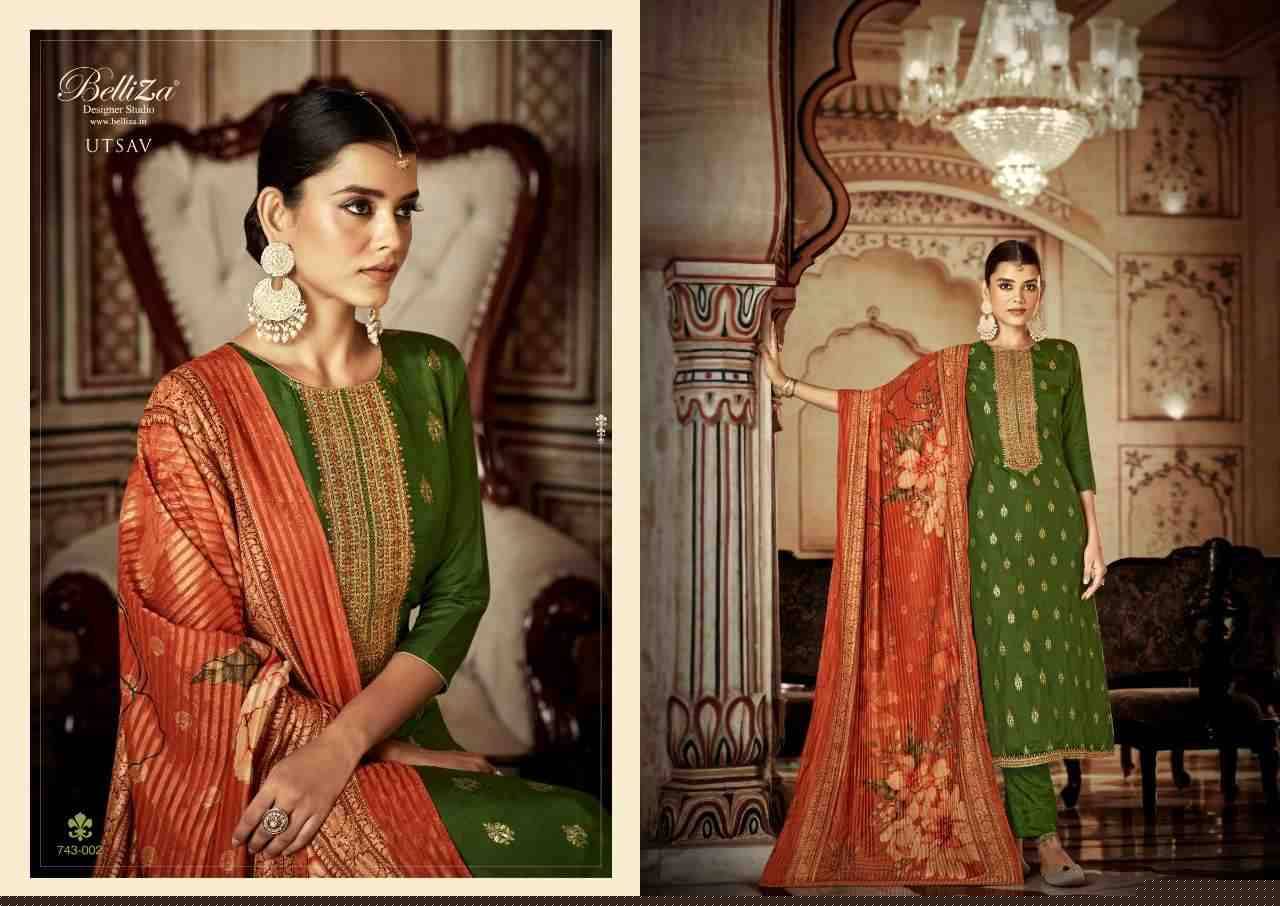 Utsav By Belliza 743-001 To 743-005 Series Beautiful Festive Suits Colorful Stylish Fancy Casual Wear & Ethnic Wear Pure Viscose Dola Jacquard Embroidered Dresses At Wholesale Price