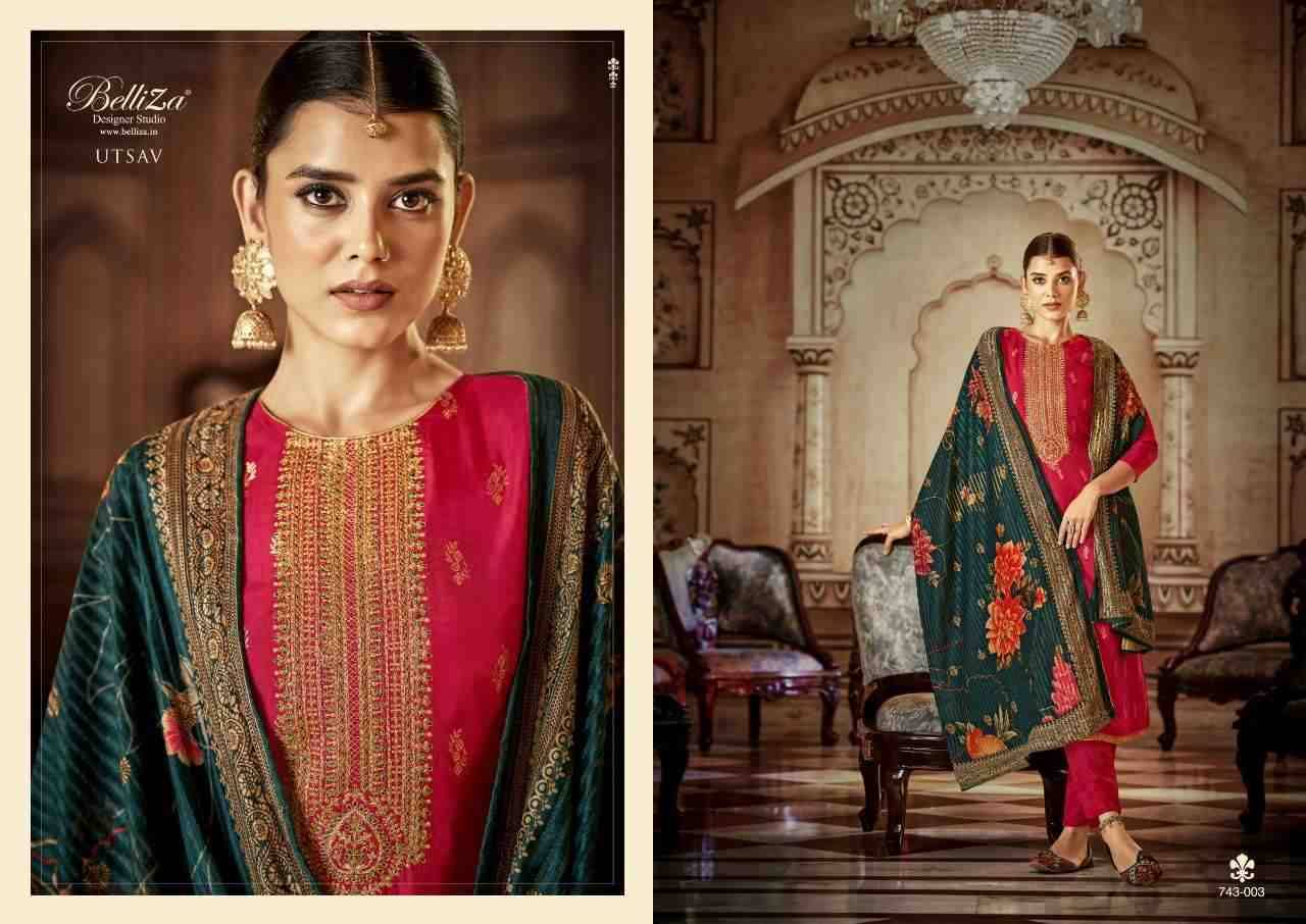 Utsav By Belliza 743-001 To 743-005 Series Beautiful Festive Suits Colorful Stylish Fancy Casual Wear & Ethnic Wear Pure Viscose Dola Jacquard Embroidered Dresses At Wholesale Price