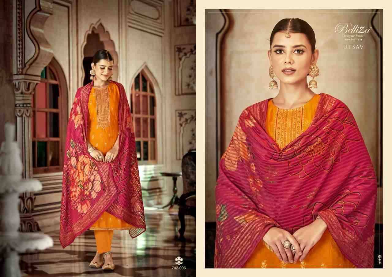 Utsav By Belliza 743-001 To 743-005 Series Beautiful Festive Suits Colorful Stylish Fancy Casual Wear & Ethnic Wear Pure Viscose Dola Jacquard Embroidered Dresses At Wholesale Price