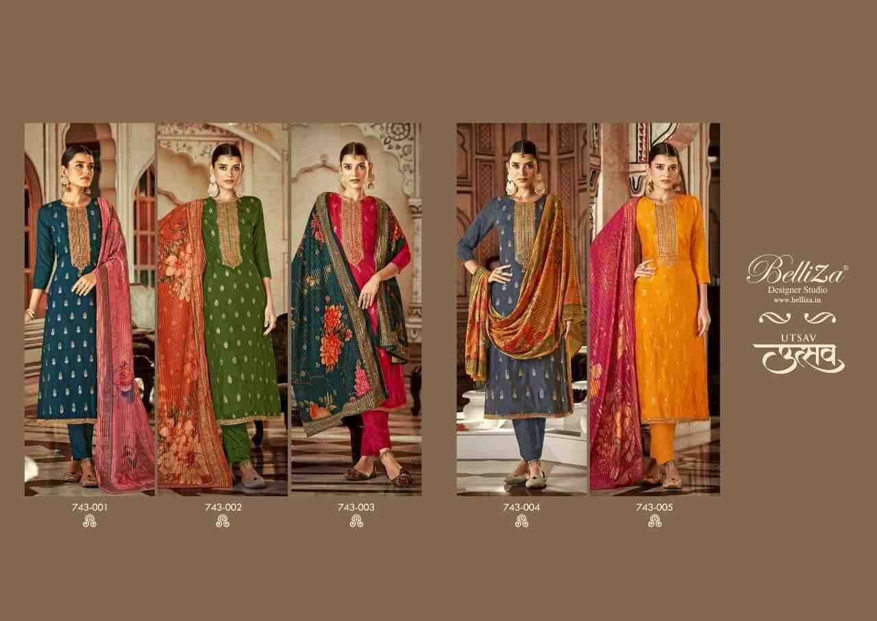 Utsav By Belliza 743-001 To 743-005 Series Beautiful Festive Suits Colorful Stylish Fancy Casual Wear & Ethnic Wear Pure Viscose Dola Jacquard Embroidered Dresses At Wholesale Price