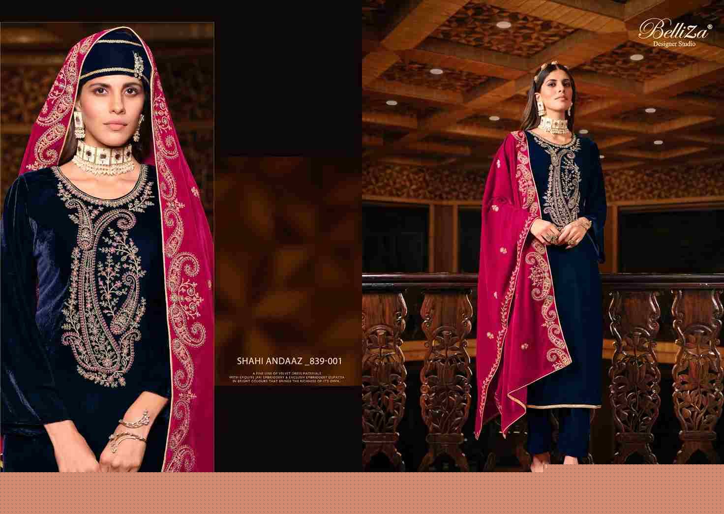Shahi Andaaz By Belliza 839-001 To 839-006 Series Beautiful Festive Suits Colorful Stylish Fancy Casual Wear & Ethnic Wear Pure Velvet Dresses At Wholesale Price