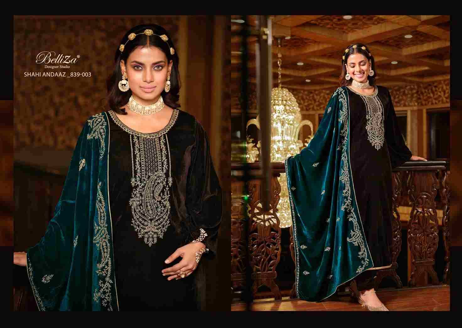 Shahi Andaaz By Belliza 839-001 To 839-006 Series Beautiful Festive Suits Colorful Stylish Fancy Casual Wear & Ethnic Wear Pure Velvet Dresses At Wholesale Price
