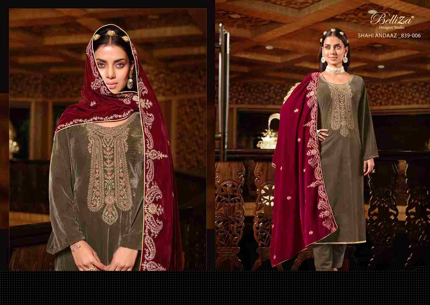 Shahi Andaaz By Belliza 839-001 To 839-006 Series Beautiful Festive Suits Colorful Stylish Fancy Casual Wear & Ethnic Wear Pure Velvet Dresses At Wholesale Price