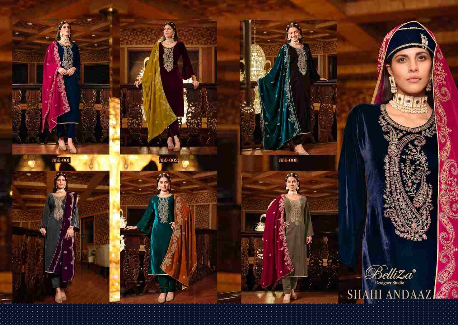 Shahi Andaaz By Belliza 839-001 To 839-006 Series Beautiful Festive Suits Colorful Stylish Fancy Casual Wear & Ethnic Wear Pure Velvet Dresses At Wholesale Price