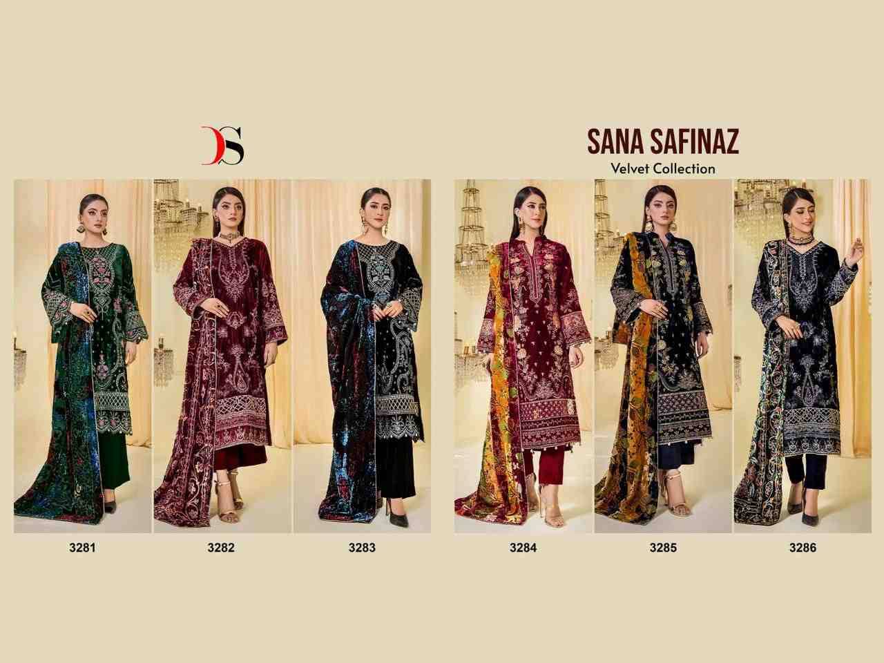 Sana Safinaz Velvet Collection By Deepsy Suits 3281 To 3286 Series Beautiful Pakistani Suits Stylish Fancy Colorful Party Wear & Occasional Wear Velvet With Embroidery Dresses At Wholesale Price