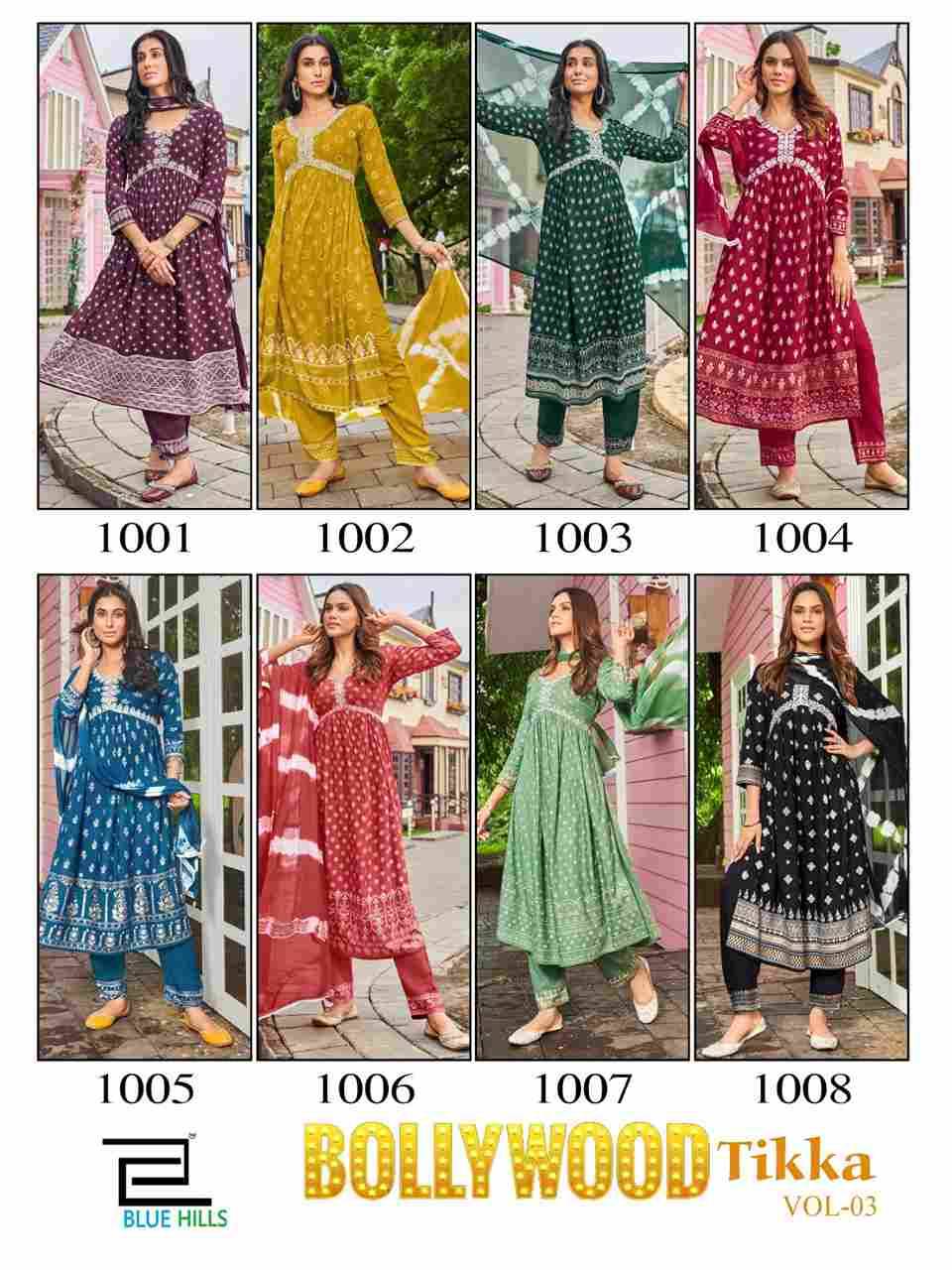 Bollywood Tika Vol-3 By Blue Hills 1001 To 1008 Series Beautiful Stylish Suits Fancy Colorful Casual Wear & Ethnic Wear & Ready To Wear Rayon Foil Print Dresses At Wholesale Price