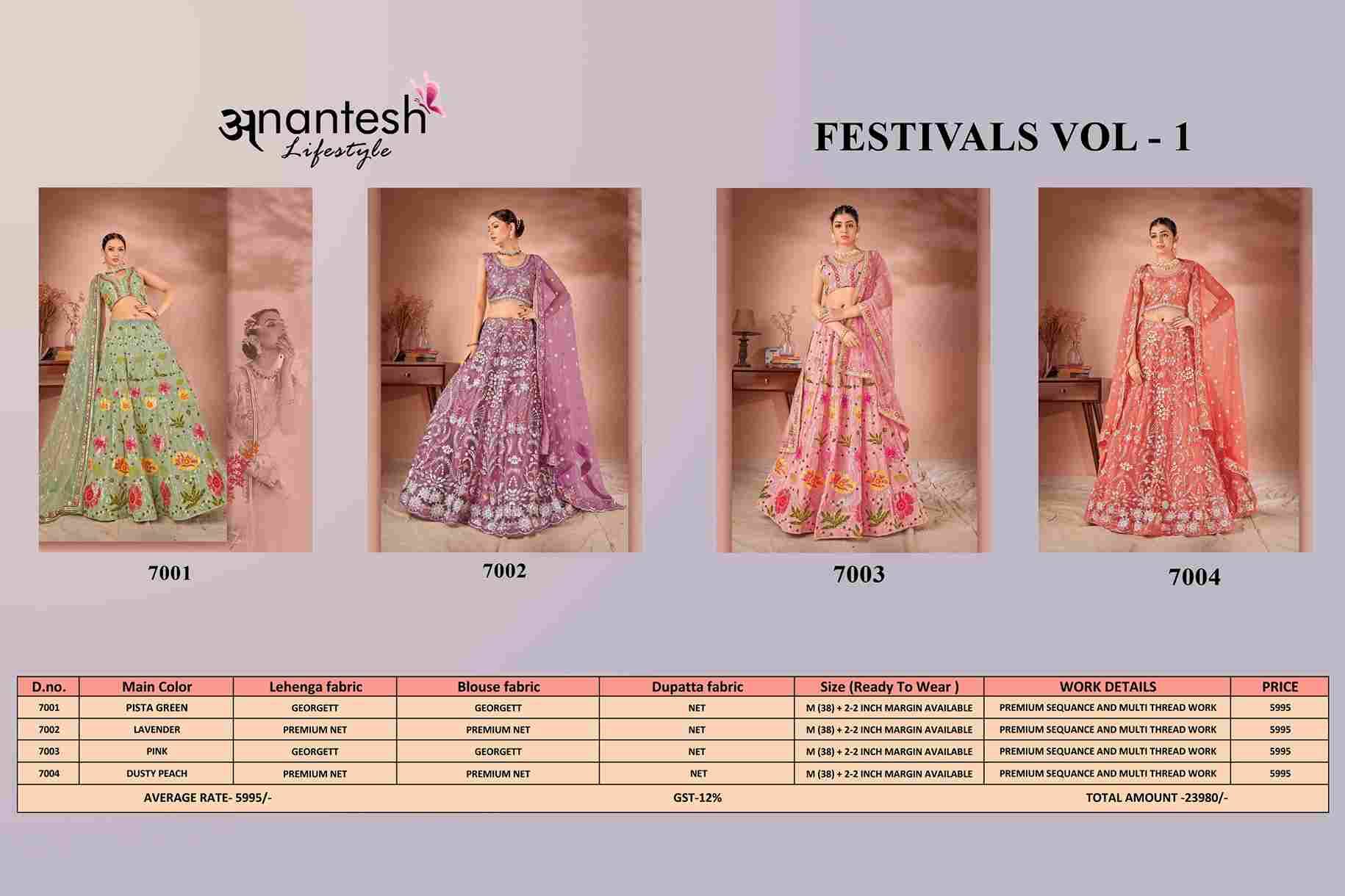 Festivals Vol-1 By Anantesh 7001 To 7004 Series Beautiful Colorful Fancy Wedding Collection Occasional Wear & Party Wear Georgette/Net Lehengas At Wholesale Price