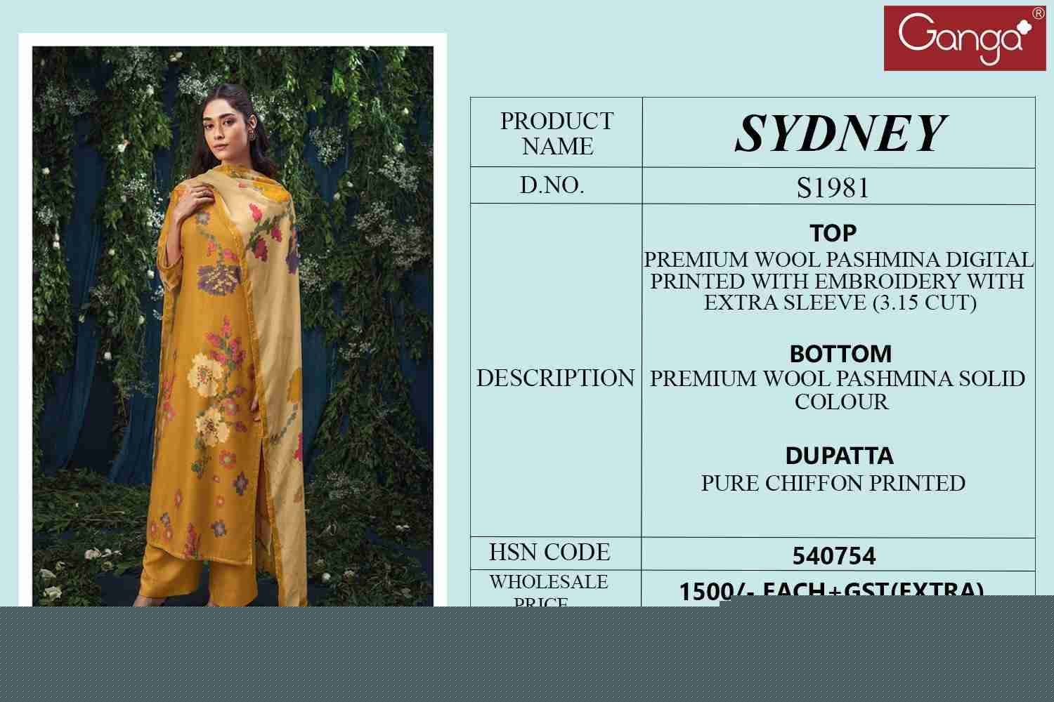 Sydney-1981 By Ganga Fashion 1981-A To 1981-D Series Beautiful Festive Suits Stylish Fancy Colorful Party Wear & Occasional Wear Premium Pashmina Digital Print Dresses At Wholesale Price