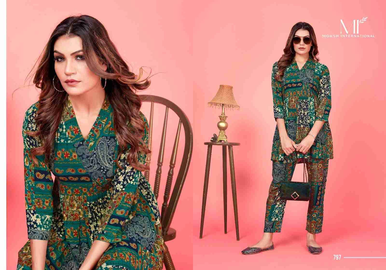 Code Set Rose By Moksh International 797 To 800 Series Designer Stylish Fancy Colorful Beautiful Party Wear & Ethnic Wear Collection Rayon Print Co-Ord At Wholesale Price