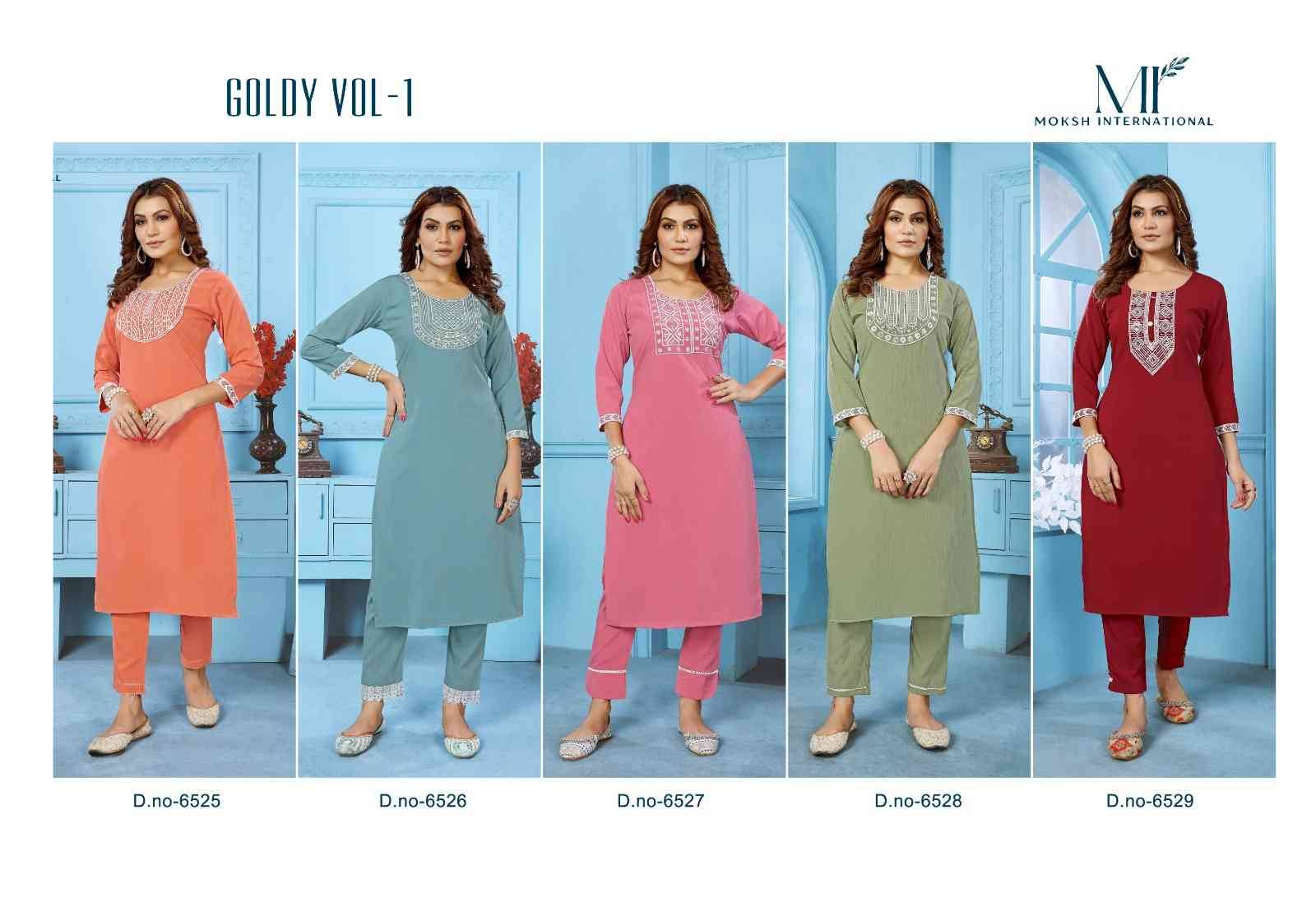 Goldy Vol-1 By Moksh International 6525 To 6529 Series Designer Festive Suits Collection Beautiful Stylish Fancy Colorful Party Wear & Occasional Wear Cotton Embroidered Kurtis With Bottom At Wholesale Price