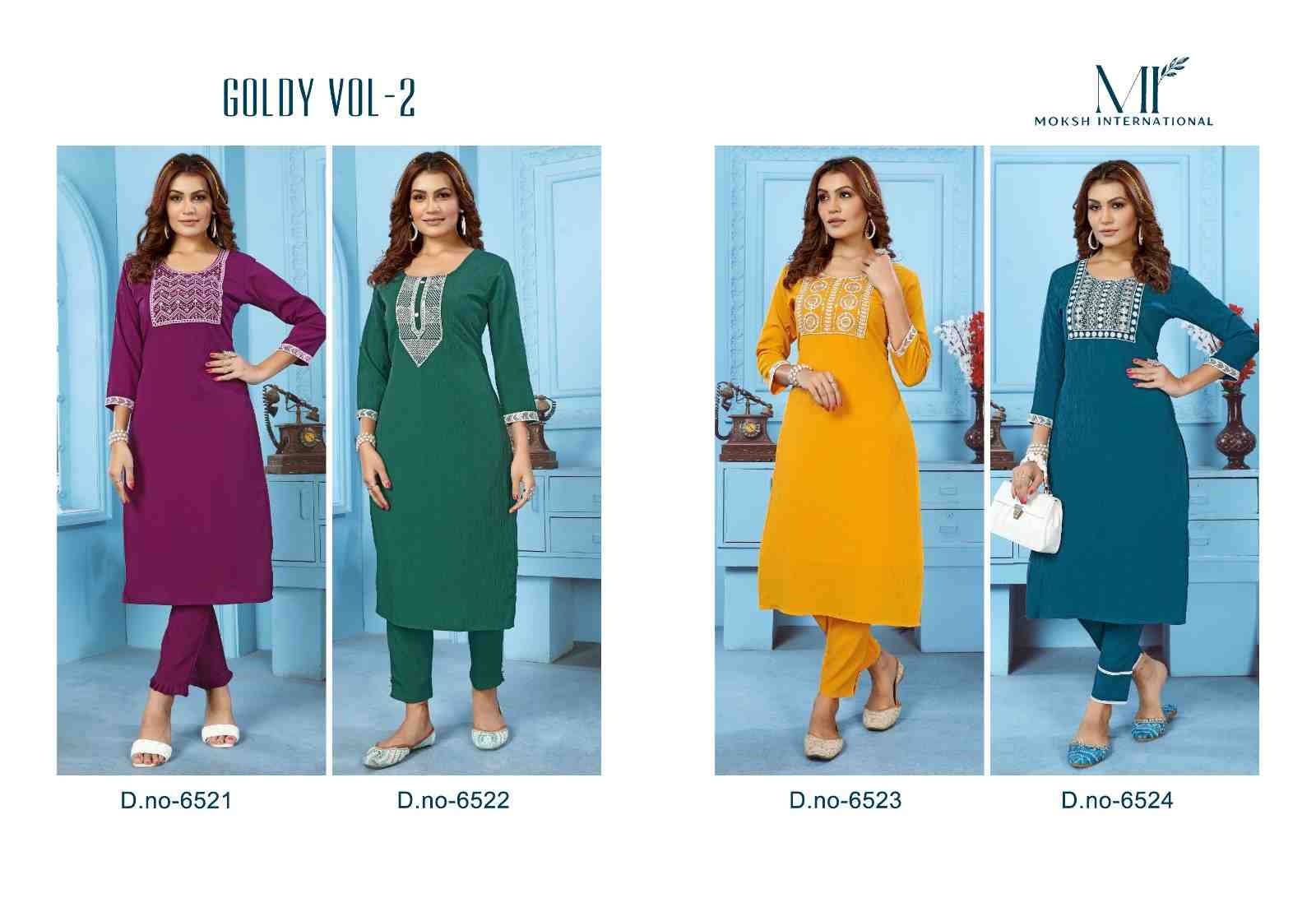 Goldy Vol-2 By Moksh International 6521 To 6524 Series Designer Festive Suits Collection Beautiful Stylish Fancy Colorful Party Wear & Occasional Wear Cotton Embroidered Kurtis With Bottom At Wholesale Price