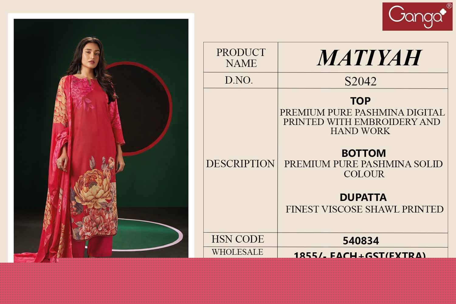 Matiyah-2042 By Ganga Fashion 2042-A To 2042-D Series Beautiful Festive Suits Colorful Stylish Fancy Casual Wear & Ethnic Wear Pure Pashmina Digital Print Dresses At Wholesale Price