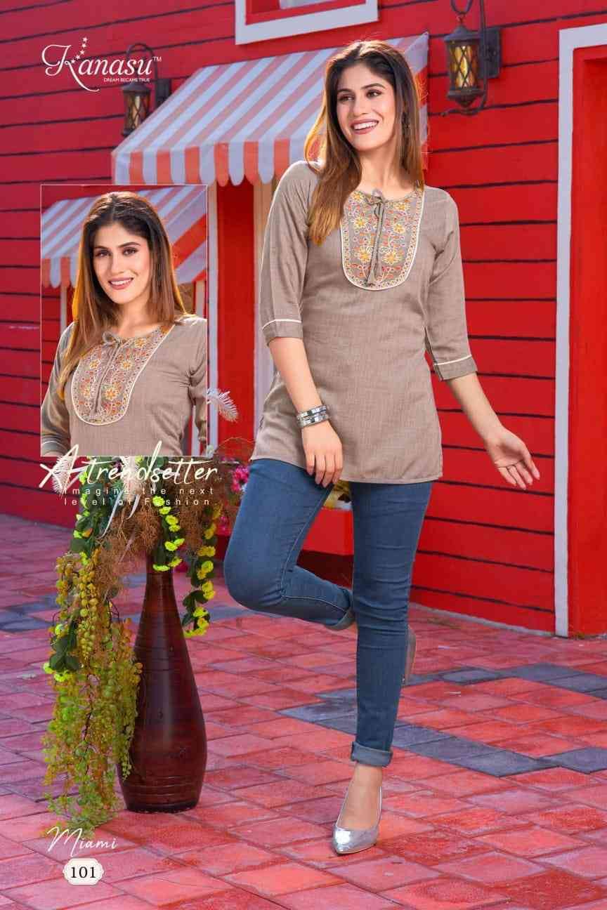 Miami By Kanasu 101 To 108 Series Designer Stylish Fancy Colorful Beautiful Party Wear & Ethnic Wear Collection Rayon Embroidery Tops At Wholesale Price