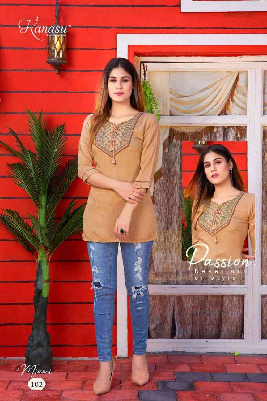 Miami By Kanasu 101 To 108 Series Designer Stylish Fancy Colorful Beautiful Party Wear & Ethnic Wear Collection Rayon Embroidery Tops At Wholesale Price